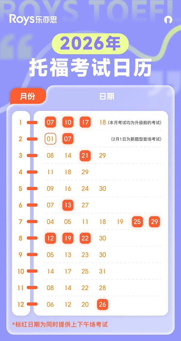 2026年托福考位日歷