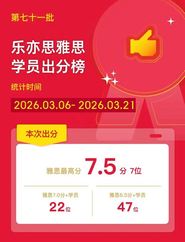 樂亦思雅思第71批出分公布：開春高分狂飆，多位7.5+高分學(xué)員誕生!